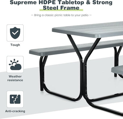 Picnic Table, Outdoor Dining Table with 2 Benches, Wood Grain Tabletop, Heavy Duty Metal Frame, Portable Picnic Table for Outdoors Backyard Garden Lawn Patio Poolside Deck (Grey)