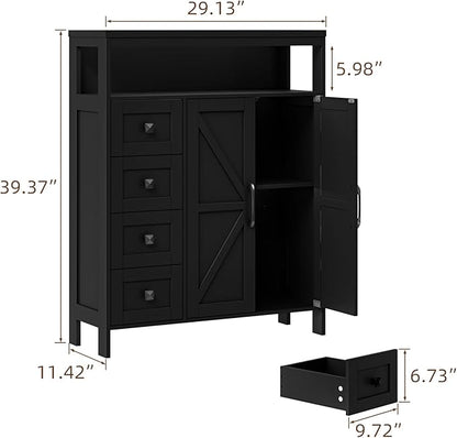 Vabches Farmhouse Storage Cabinet with 2 Doors and 4 Drawers, Freestanding Bathroom Compartment Kitchen Pantry Cabinet, Floor Cupboard for Kitchen/Living Room/Bathroom,Pure Black