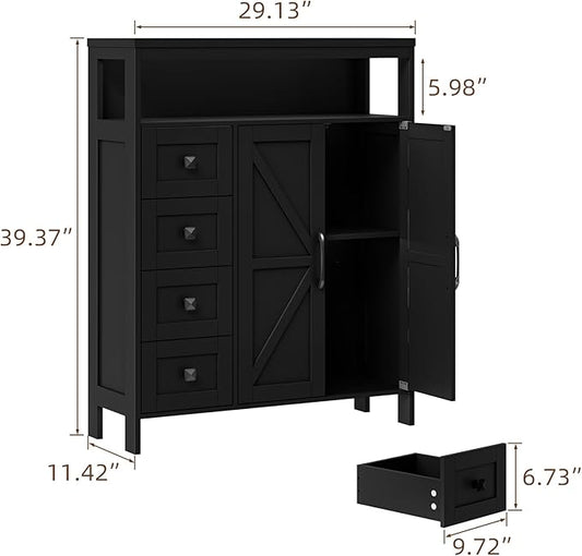 Vabches Farmhouse Storage Cabinet with 2 Doors and 4 Drawers, Freestanding Bathroom Compartment Kitchen Pantry Cabinet, Floor Cupboard for Kitchen/Living Room/Bathroom,Pure Black