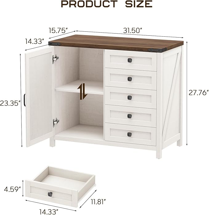Vabches 5 Drawer Storage Cabinet, Office Storage Cabinet with Door and Adjustable Shelf, Large Farmhouse Printer Stand for Home Office, Rustic White
