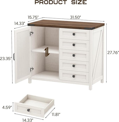 Vabches 5 Drawer Storage Cabinet, Office Storage Cabinet with Door and Adjustable Shelf, Large Farmhouse Printer Stand for Home Office, Rustic White