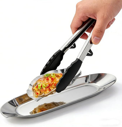 16PCS 304 stainless steel oyster grill tray and silicone tongs set, ideal for grilling oysters, shrimp, scallops, and clams.