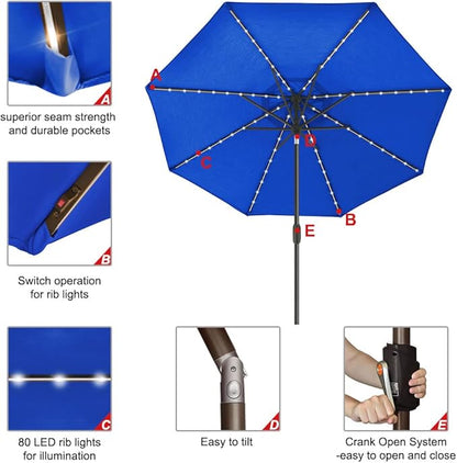 EliteShade USA 10-Year-Non-Fading 9ft Market Patio Umbrella, Commercial Grade Table Sun Umbrella with 80 Solar LED Lights, Crank Open, Windproof & UPF 50+ UV Protection for Garden, Deck, Pool, Backyard, Royal Blue