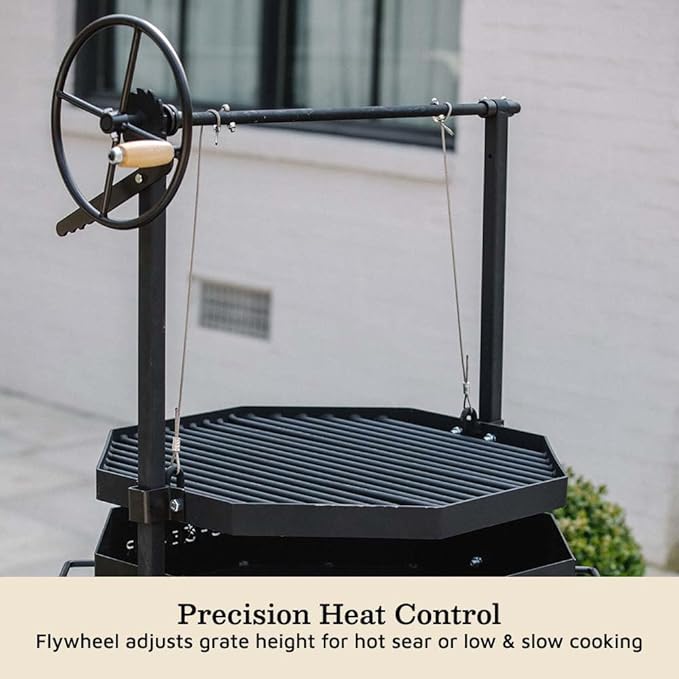 TITAN GREAT OUTDOORS Ash & Ember Santa Maria Grill, Argentine Style Open Fire Grill, Adjustable Cooking Grate with Flywheel, BBQ Grill Comes with Cast Iron Skillet