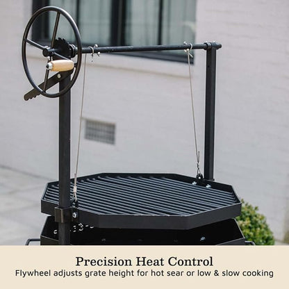 TITAN GREAT OUTDOORS Ash & Ember Santa Maria Grill, Argentine Style Open Fire Grill, Adjustable Cooking Grate with Flywheel, BBQ Grill Comes with Cast Iron Skillet