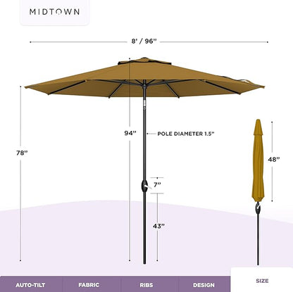 Midtown Umbrellas 10-Year-No-Fade - 8 Ft - UV Proof Sand (Tan) Polyester Fabric - Umbrella Outdoor Patio, Auto-Tilt Aluminum Frame Patio Umbrella for Garden, Pool & Deck - Black Pole