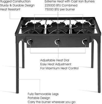 FANTASK 3-Burner Outdoor Camping Stove, Portable High Pressure Propane Gas Cooker Burner w/Detachable Legs for Patio Camp Cooking