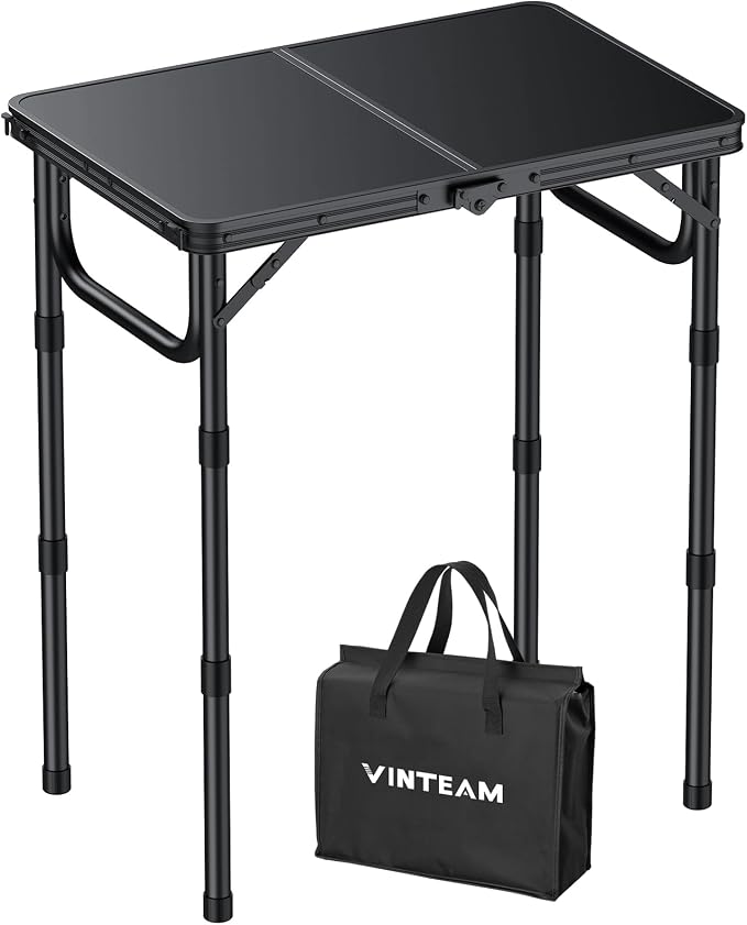 VINTEAM Camping Folding Table with Adjustable Height, Lightweight Portable Outdoor Picnic Table, BBQ Grill Side Table, Durable Aluminum Frame, MDF Desktop for Camping, Fishing, RV, Beach (Black) | Max Load 30kg MDF Surface Easy to Clean, Lightweight, S...