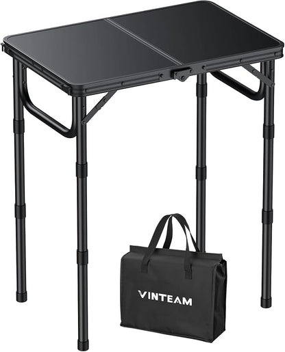 VINTEAM Camping Folding Table with Adjustable Height, Lightweight Portable Outdoor Picnic Table, BBQ Grill Side Table, Durable Aluminum Frame, MDF Desktop for Camping, Fishing, RV, Beach (Black) | Max Load 30kg MDF Surface Easy to Clean, Lightweight, S...