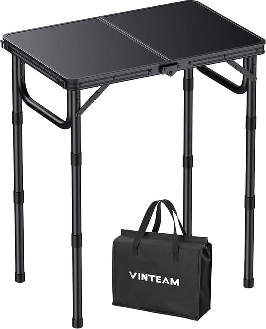 VINTEAM Camping Folding Table with Adjustable Height, Lightweight Portable Outdoor Picnic Table, BBQ Grill Side Table, Durable Aluminum Frame, MDF Desktop for Camping, Fishing, RV, Beach (Black) | Max Load 30kg MDF Surface Easy to Clean, Lightweight, S...