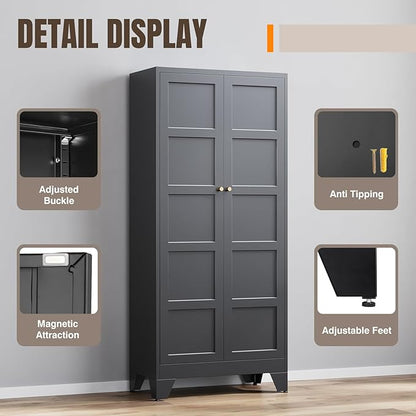 Yizosh Metal Pantry Cabinet,- 72" Black Kitchen Pantry Storage Cabinet with Doos and Adjustable Shelves for Kitchen, Living Room,Dining Room,Home