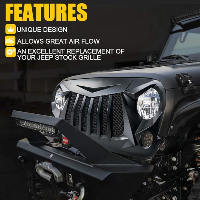 Xprite Matte Black Front Grill Grid Grille w/Mesh Compatible with Jeep Wrangler Rubicon Sahara Sport JK 2007-2018