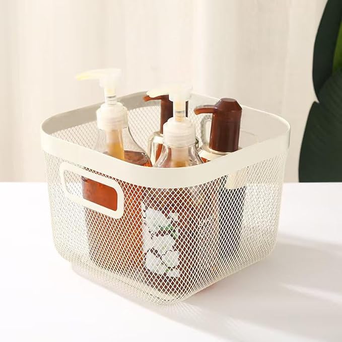 AJIODA Metal Mesh Steel Baskets, Household Wire Storage Organizer Bin Garden Harvest Basket Multi-functional Fruit Baskets with Handles for Kitchen Bathroom Picnic Shopping Decor Cabinet Home, White