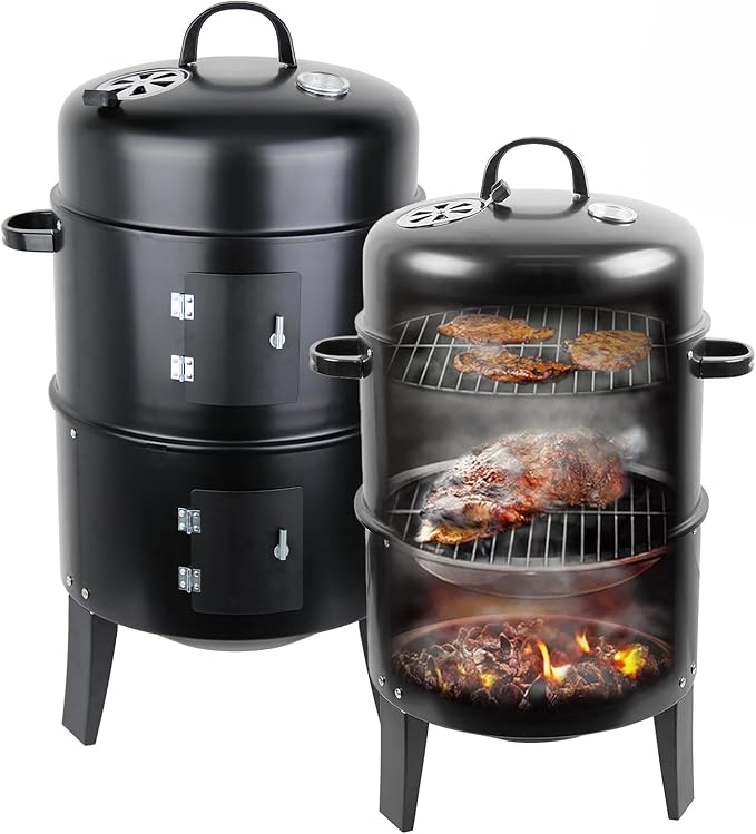 18 Inch Multi-Layer Steel Charcoal Smoker Grill, 3IN1 Vertical Heavy Duty Round Charcoal BBQ Smoker Grill with Built-in Thermometer & Adjustable Vent System for Camping & Home Party, Black