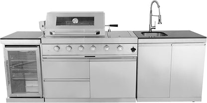 Modular Outdoor Kitchen Stainless Steel Grill Station with 4-Burner 72000 BTU Gas Grill,Side Burner,Rotisserie Kit,Granite Countertops,68L Beverage Refrigerator,Sink Station,Storage Cabinets (Silver)