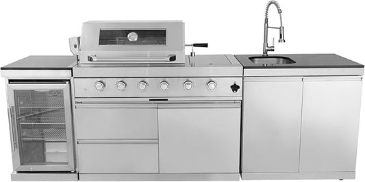 Modular Outdoor Kitchen Stainless Steel Grill Station with 4-Burner 72000 BTU Gas Grill,Side Burner,Rotisserie Kit,Granite Countertops,68L Beverage Refrigerator,Sink Station,Storage Cabinets (Silver)
