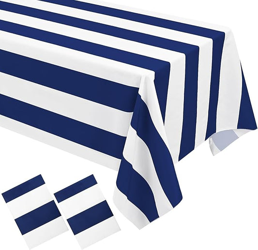 2 Pack Blue and White Striped Rectangle Tablecloth, 60x84inch, Polyester Fabric, Washable, for Coffee Table, Birthday Party, Picnic, Barbecue, Indoor/Outdoor Dining