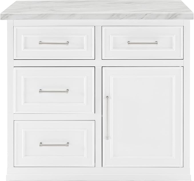 Crosley Furniture Cutler Faux Marble Top Kitchen Island with Storage, Breakfast Bar, Microwave Stand, White