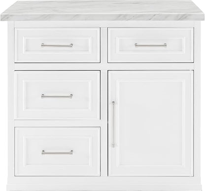 Crosley Furniture Cutler Faux Marble Top Kitchen Island with Storage, Breakfast Bar, Microwave Stand, White