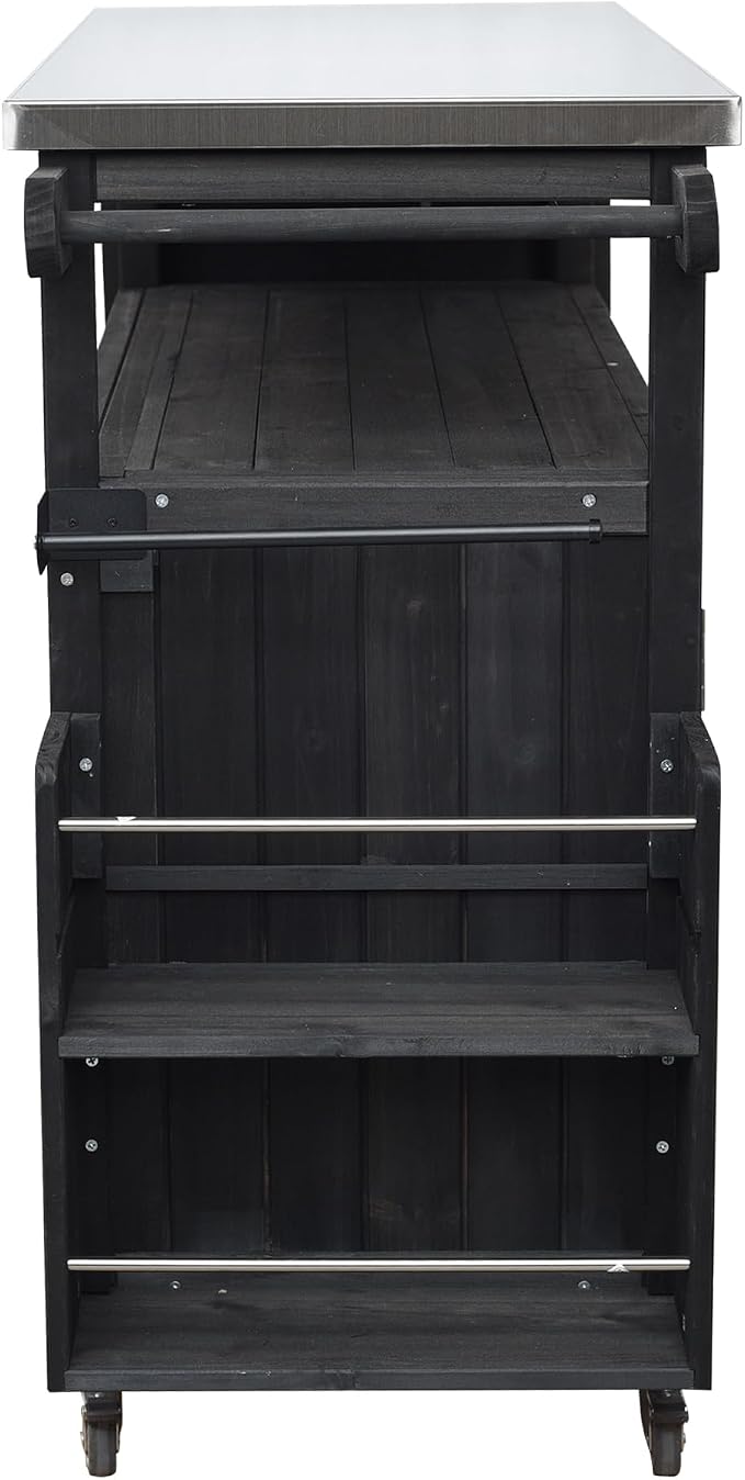 JIVOIT Outdoor Fir Wood Kitchen Island with Foldable Stainless Steel Top, Patio Mobile Kitchen Cart Portable Outdoor Cooking Island with Lockable Wheels, Storage Cabinet and Towel Rack (Black/124)