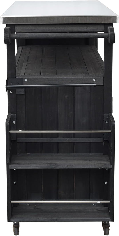 JIVOIT Outdoor Fir Wood Kitchen Island with Foldable Stainless Steel Top, Patio Mobile Kitchen Cart Portable Outdoor Cooking Island with Lockable Wheels, Storage Cabinet and Towel Rack (Black/124)