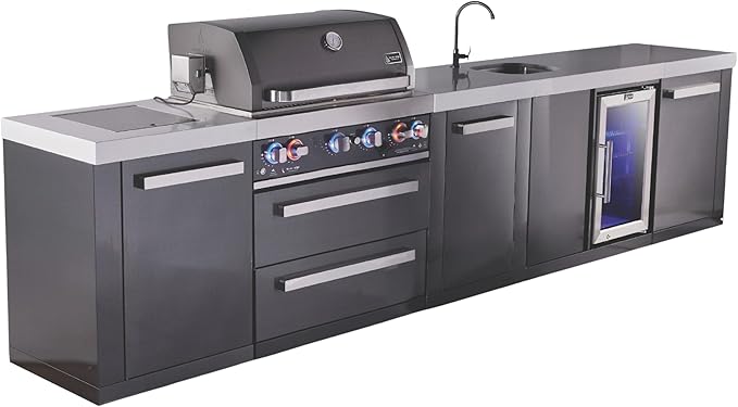 Mont Alpi 145"W x 23"D Black Stainless Steel Outdoor Kitchen Island with Refrigerator Faucet & Sink + 32"W 4-Burner BBQ Grill + Granite Countertops + Storage + Chopping Board + Rotisserie Kit + Cover