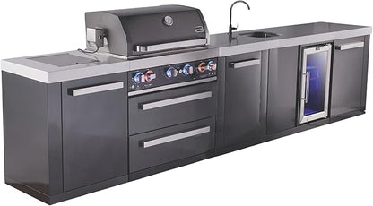 Mont Alpi 145"W x 23"D Black Stainless Steel Outdoor Kitchen Island with Refrigerator Faucet & Sink + 32"W 4-Burner BBQ Grill + Granite Countertops + Storage + Chopping Board + Rotisserie Kit + Cover