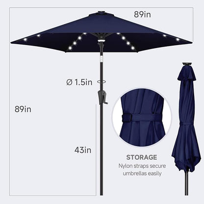 FLAME&SHADE Solar Patio Umbrella with Centre Light, 7.5 FT Navy Blue | UV Protection, Small Solar Outdoor Umbrella for Porch, Deck, Backyard, Garden, Provides Evening Lighting, 24 LED Lights