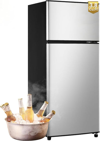 Mini Fridge with Freezer, 3.8 Cu. Ft Double Door Compact Fridge Silver Gray | Compact Refrigerator 7-Level Adjustable Thermostat, Small Fridge with Adjustable Glass Shelves for Home, Dorm, Office, Silver