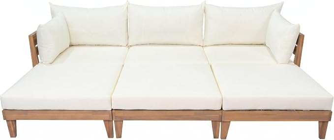VilroCaz 6-Piece Acacia Wood Outdoor Modular Sectional Patio Sofa Set, Converts to a Daybed, All-Weather Conversation Set with 5 Pillows and 6 Cushions for Backyard, Poolside, Garden