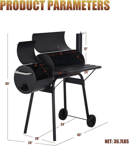Charcoal Grills Outdoor BBQ Grill Offset Smoker with Wheels Side Fire Box Portable Barbecure Grill for Outdoor Cooking Backyard Camping Picnics,Black