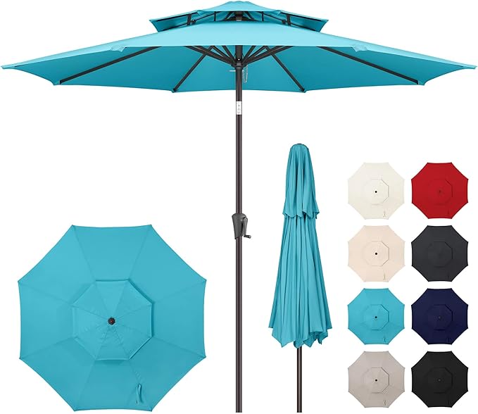 9FT Outdoor Patio Umbrella - 2 Tiers Table Umbrella Waterproof UV Protection, Sombrillas de Patio with Push Button Tilt, Sun Umbrella for Pool, Porch, Garden, Yard (Aqua Blue)