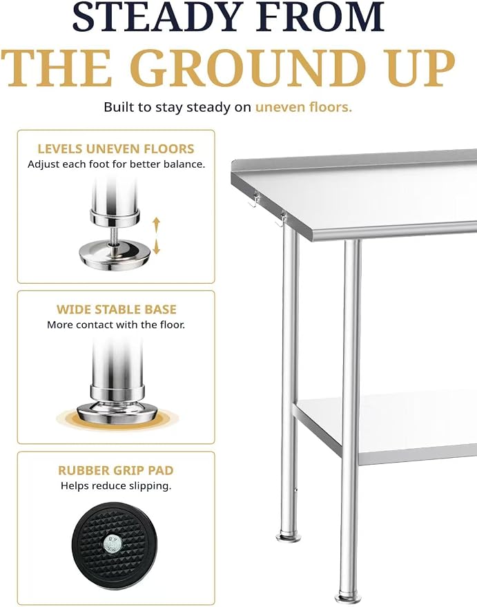 Atelicf NSF Stainless Steel Prep Table 30X60 inch with Backsplash | Commercial-grade table for restaurants, kitchens, food trucks, breweries, bars, garages, and outdoor BBQ