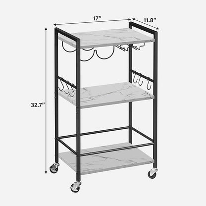 TUTOTAK Bar Cart with Wheels, Mini Drink Cart with Wine Rack & Glass Holder | 3-Tier 17 Inch Wide Home Bar Serving Carts, Small Mobile Kitchen Shelf with 6 Hooks, Marble White BC01BM035