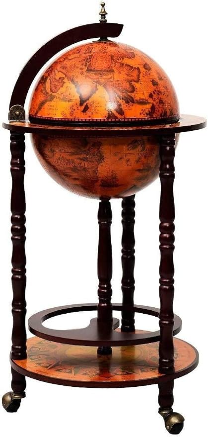 17" Wooden Globe Wine Rack, Wooden Globe Wine Bar Stand, Freely Movable Stable Liquor Bottle Shelf, Nautical Chart Wine Storage Cabinet, 16th Century Retro Wine Cupboard, Retro Brown