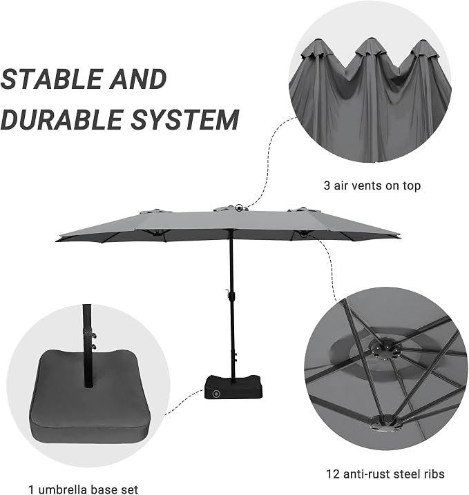 15ft Patio Umbrella with Base, 10-Year-No-Fade Large Outdoor Double-Sided Market Umbrella with UPF50+Terylene Polyester Fabric and Crank for Poolside Garden Deck Backyard Beach Pools