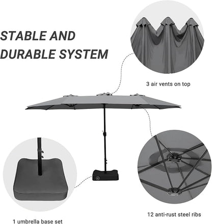 15ft Patio Umbrella with Base, 10-Year-No-Fade Large Outdoor Double-Sided Market Umbrella with UPF50+Terylene Polyester Fabric and Crank for Poolside Garden Deck Backyard Beach Pools