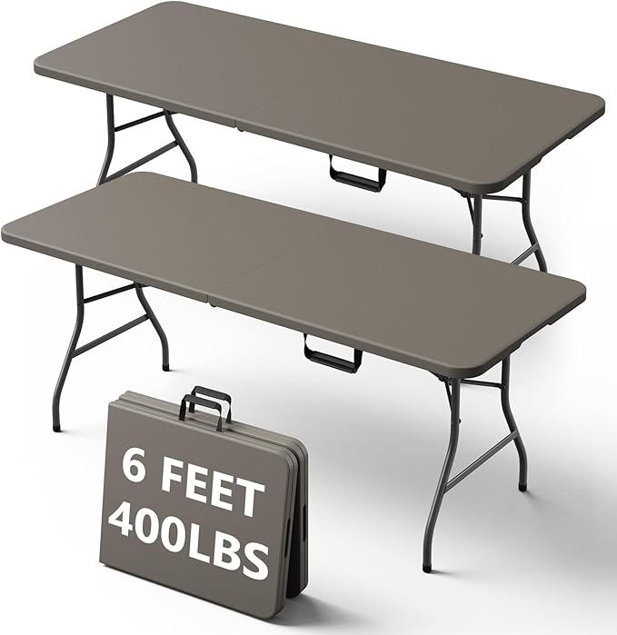 6FT Folding Table, Heavy Duty Plastic Fold-in-Half Utility Table with Handle, Portable Camping Picnic Table with Steel Legs for Indoor Outdoor Party, Dining, Khaki,2 Pack