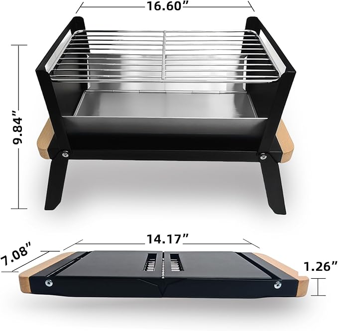 Portable Charcoal Grill with Wood Handle - Folding Tabletop BBQ, Portable Mini BBQ Grill, Compact Stainless Steel Grill for Outdoor Camping, Picnics & Backyard, Easy Setup & Clean