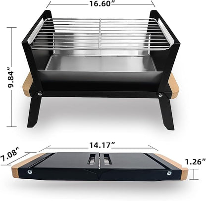 Portable Charcoal Grill with Wood Handle - Folding Tabletop BBQ, Portable Mini BBQ Grill, Compact Stainless Steel Grill for Outdoor Camping, Picnics & Backyard, Easy Setup & Clean