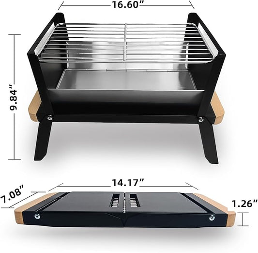 Portable Charcoal Grill with Wood Handle - Folding Tabletop BBQ, Portable Mini BBQ Grill, Compact Stainless Steel Grill for Outdoor Camping, Picnics & Backyard, Easy Setup & Clean