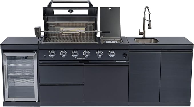 98" Natural Gas Outdoor Kitchen Island - 46-Inch 4-Burner 72,000 BTU Deluxe Stainless Steel Grill Wine Cooler Compact Refrigerator Rotisserie kit Granite Countertops Stainless steel Sink,Black