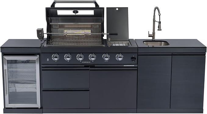 Modular Outdoor Kitchen BBQ Island, Outdoor Kitchen Propane Gas Island Grill with Sink, Compact Refrigerator, Storage Cabinets, Rotisserie Kit (Black, 98")
