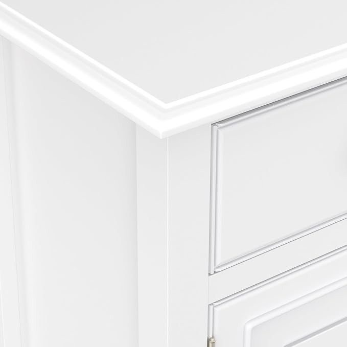 SIMPLIHOME Connaught 51" Wide Solid Wood Storage Cabinet in White | Traditional space-saving entryway or mudroom cabinet with 3 drawers and adjustable shelves for organized household storage.