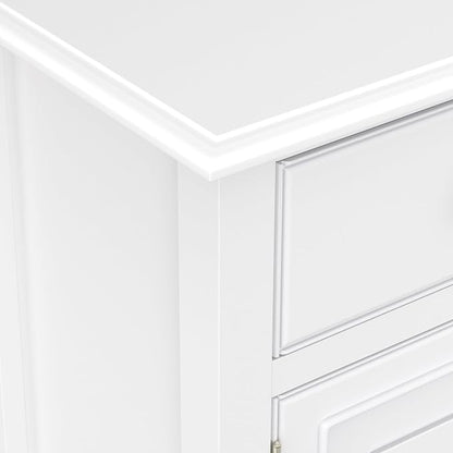 SIMPLIHOME Connaught 51" Wide Solid Wood Storage Cabinet in White | Traditional space-saving entryway or mudroom cabinet with 3 drawers and adjustable shelves for organized household storage.