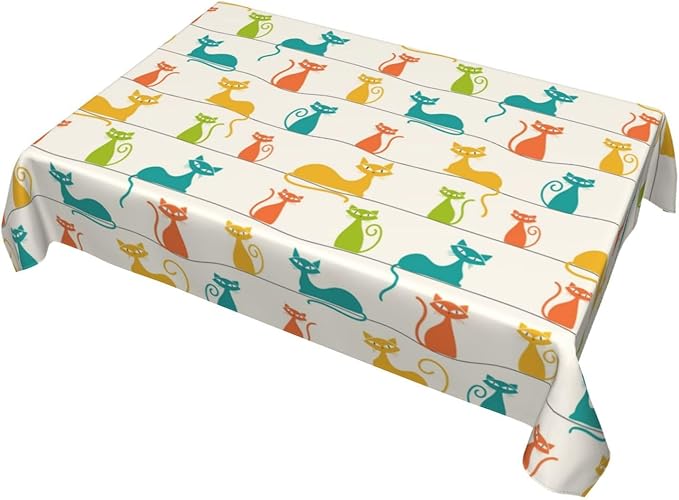 Mid Century Modern Cats Table Cloth, Cute Tablecloth Waterproof, Kitchen Dining Room Decorative Table Cover for Party Decorations Outdoor and Indoor, Rectangular 54x72 Inch