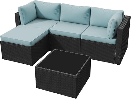 Aoxun Patio Furniture Set 5-Piece, Outdoor Sectional Sofas with Washable Cushion, Wicker Rattan Patio Conversation Sets for Backyard Porch and Poolside, Mint Blue