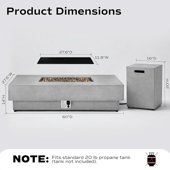 60-inch Outdoor Propane Fire Pit Coffee Table with Tank Cover, 50,000 BTU Concrete Rectangle Modern Outside Fire Table, Auto-Ignition, Included Lava Rocks, Metal Lid & Waterproof Cover