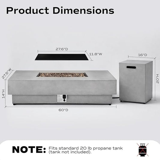 60-inch Outdoor Propane Fire Pit Coffee Table with Tank Cover, 50,000 BTU Concrete Rectangle Modern Outside Fire Table, Auto-Ignition, Included Lava Rocks, Metal Lid & Waterproof Cover