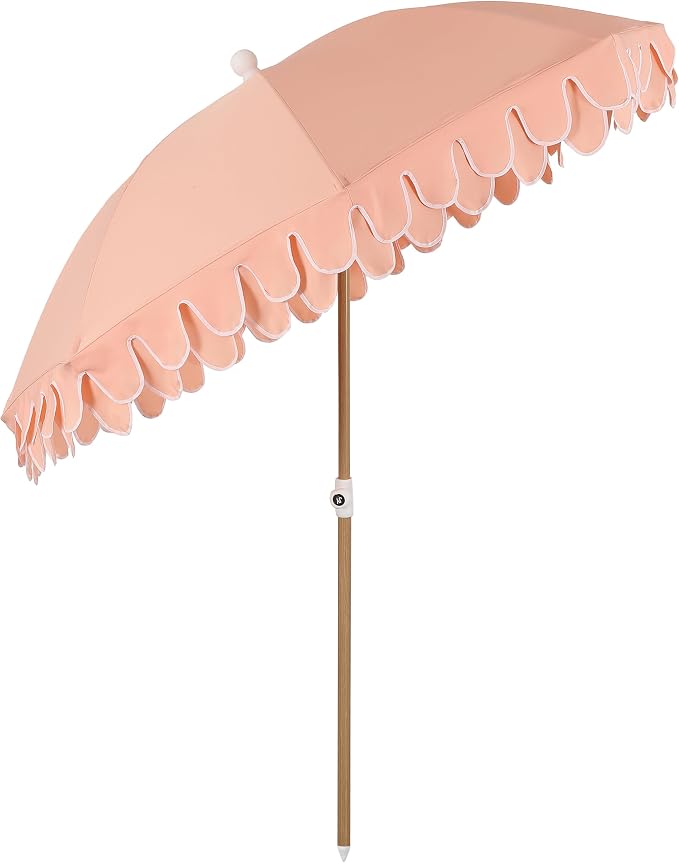 JONATHAN Y Horizon 6.5 ft. Scalloped Fringe Beach Umbrella, Coral Pink | UV 50 Sun Protection, Push Button Tilt, Matching Carry Bag, Wood Finish Iron Pole, Wind Vent, 8 Fiberglass Ribs, Pointed End